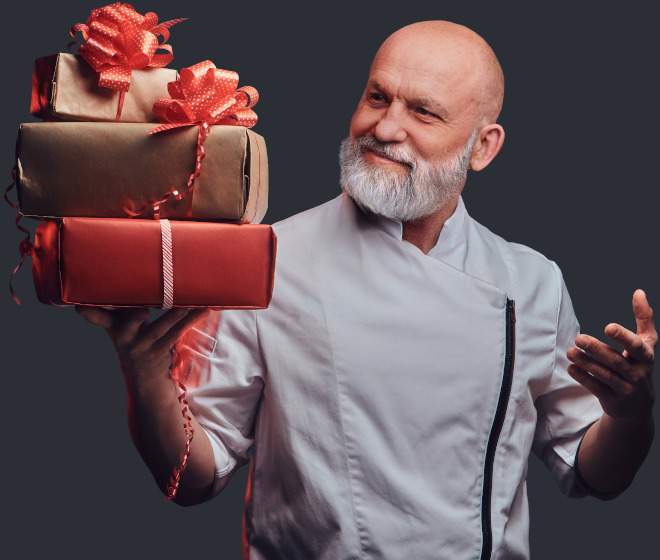 a butcher holds gifts for butcher